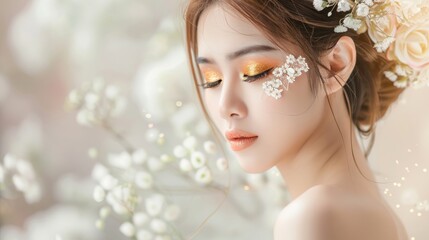 Asian woman with floral headpiece in nature. Concept of beauty, serenity, natural elegance, femininity. Beautiful bride. Copy space