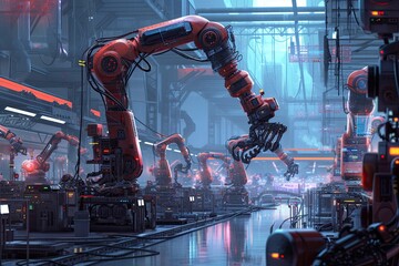 Fototapete - Futuristic factory with AI robots