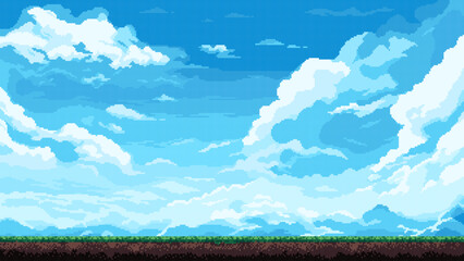 Wall Mural - pixel art sky background, clouds, blue sky, 8 bit game level, vector