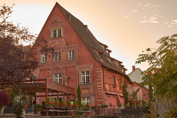 Half timbered house in the streets of Colmar historical center