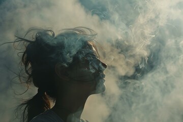 Poster - Side profile of a woman with her hair tangled in swirling smoke against a moody backdrop