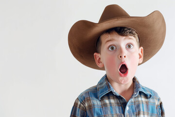 Wall Mural - A surprised boy in a cowboy hat, standing against a blank backdrop, detached from the background, with no background. Concept of wonder and amazement. Generative Ai.