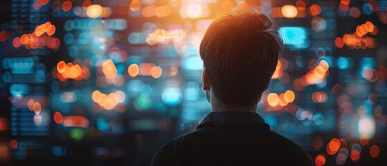 Wall Mural - A person looks at a digital screen filled with colorful lights and data, symbolizing technology and information overload.