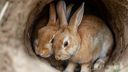 Wall Mural - A pair of affectionate rabbits nuzzling each other in a cozy burrow, their soft fur intertwined as they share a tender moment of companionship and love. 32k, full ultra hd, high resolution