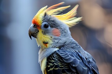 Poster - Closeup portrait of a majestic and colorful cockatiel bird with vibrant plumage and a beautiful crest, showcasing its elegant and natural beauty in a peaceful and solitary outdoor setting