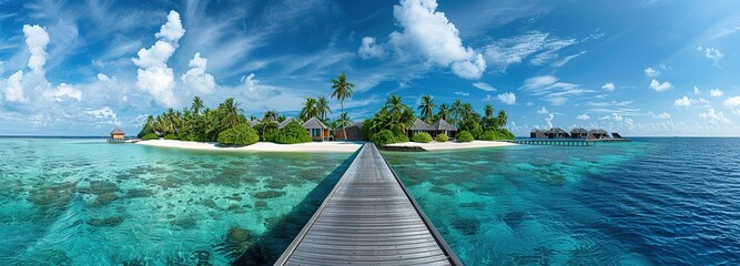 Poster - wooden bridge to a beautiful island with clear water and clear skies