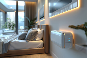 Poster - Wall-mounted air purifier quietly operating in a contemporary bedroom with sleek furniture. Concept of discreet air filtration for better sleep quality. Generative Ai.