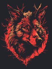 Vector illustration of fox head with antlers in grunge style