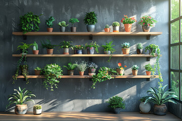 Poster - Houseplants arranged on floating shelves, adding a touch of nature to a modern interior. Concept of biophilic design and indoor greenery. Generative Ai.