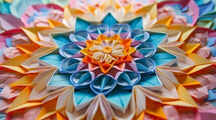 Wall Mural - Intricate origami mandalas featuring intricate patterns and vibrant colors, radiating peace and harmony