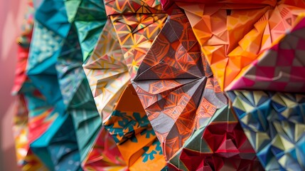 Wall Mural - Intricate origami patterns inspired by traditional textiles, featuring geometric motifs and vibrant color combinations