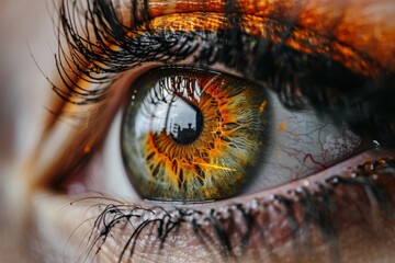 Detailed image of a brown eye reflecting a fiery sunset, showing depth and emotion