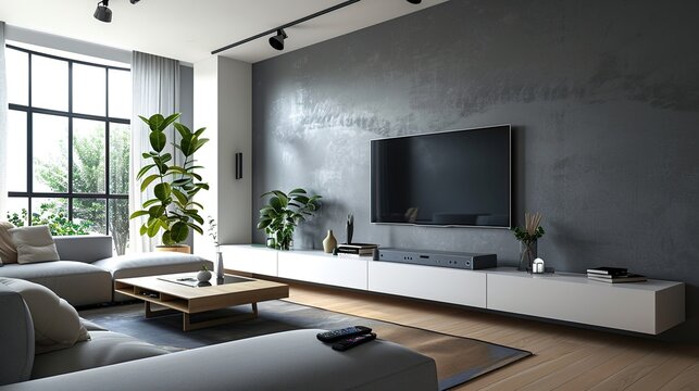 Beautiful Two tone color wall background,Modern living room decor with a tv cabinet . Generative Ai