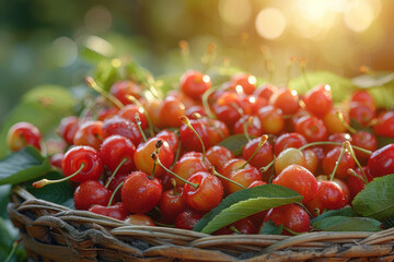 Wall Mural - A bushel of plump cherries nestled in a woven basket, their glossy skins reflecting the warm glow of sunlight filtering through the leaves. Concept of cherry orchard bounty. Generative Ai.