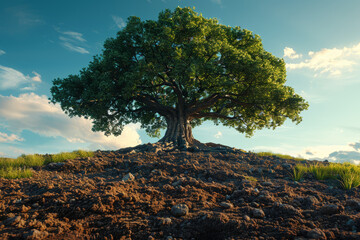 Wall Mural - A sturdy oak tree with roots anchored deep in the earth, standing tall against the test of time and weather. Concept of natural resilience. Generative Ai.