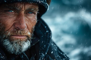 Poster - A seasoned captain at the helm of a sturdy ship, navigating stormy seas with steady hands and unwavering resolve. Concept of maritime stability. Generative Ai.