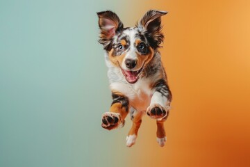 Wall Mural - Australian Cattle Dog dog Jumping and remaining in mid-air, studio lighting, isolated on pastel background, stock photographic style
