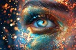 © Leo Rohmann - Luminous blue eye with sparkling makeup reflecting a neon lit cityscape, blending fantasy with urban reality