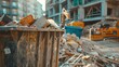 © buraratn - A full trash bin at a construction site, with debris and building materials spilling out.
