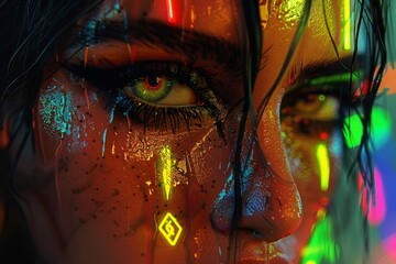 Poster - Close up of a detailed eye reflecting a vivid urban nightscape, emphasizing intense blue and neon tones