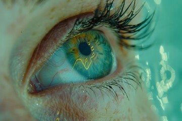 Poster - Luminous blue eye with high resolution reflections of a modern cityscape, capturing the essence of urban innovation