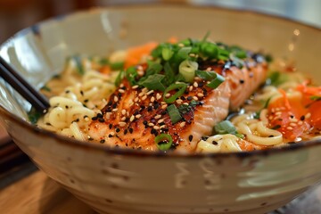 Sticker - Closeup shot of a savory salmon udon noodle bowl garnished with green onions and sesame