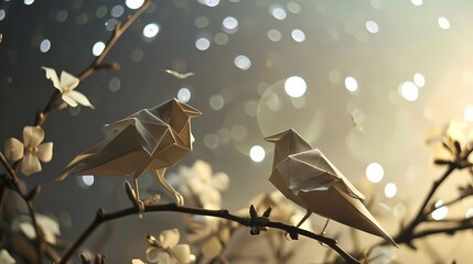 Wall Mural - Origami birds perched on branches, against a backdrop of a starry night sky, twinkling with constellations