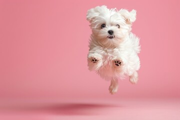 Wall Mural - Maltese dog Jumping and remaining in mid-air, studio lighting, isolated on pastel background, stock photographic style