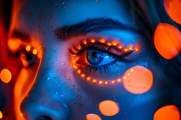 Poster - Vibrant close up of an eye with blue and orange neon reflections, embodying urban nightlife and vivid expressions