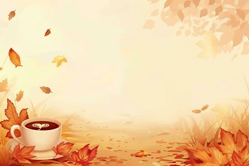 Sticker - Relaxing and tranquil cozy autumn coffee scene with falling leaves and warm seasonal vibes, perfect for background design or wallpaper illustration