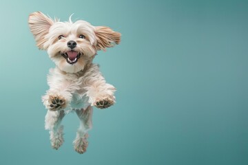 Wall Mural - Tibetan Terrier dog Jumping and remaining in mid-air, studio lighting, isolated on pastel background, stock photographic style