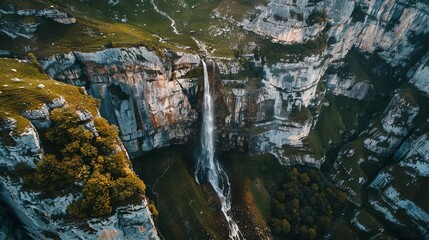 Wall Mural - majestic waterfall cascading from lofty mountain peak breathtaking aerial landscape photography