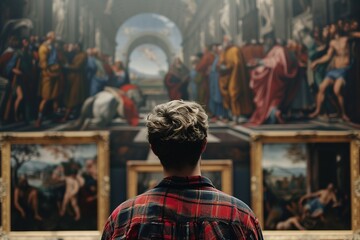 Poster - Back of an adult person looking at renaissance style paintings in an old museum art gallery