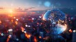 © Mentari - World Environment Day concept with a blue earth globe on a city background at sunset. International Project Management Day concept. Global business collaboration. International business. Globalization