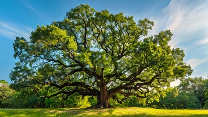 Majestic tree with sprawling branches and green foliage under blue sky