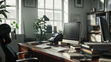Wall Mural - Modern office workspace with large windows, an organized desk setup featuring a computer, phone, and various books and files, and plants adding a touch of greenery