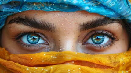 Wall Mural - A close-up photograph of a woman's captivating blue eyes adorned with specks of glitter, framed by vibrant blue and yellow fabric, showcasing intricate detail and depth