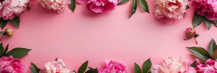Canvas Print - Frame made of beautiful peony flowers on pink background. Flat lay, copy space, summer flowers