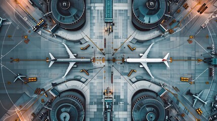 Wall Mural - Aerial view of a busy airport terminal with planes parked at gates, resembling a kaleidoscope pattern, showcasing modern aviation infrastructure.