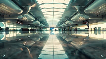 Wall Mural - Aerial view of a busy airport terminal with planes parked at gates, resembling a kaleidoscope pattern, showcasing modern aviation infrastructure.