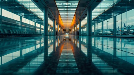 Wall Mural - Aerial view of a busy airport terminal with planes parked at gates, resembling a kaleidoscope pattern, showcasing modern aviation infrastructure.