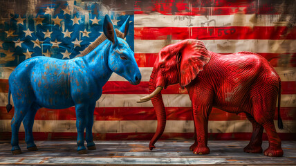 Wall Mural - Donkey and Elephant against each other in blue and red color