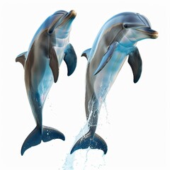 two dolphins jumping in the water with their heads out