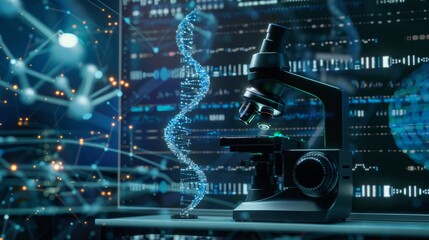 Wall Mural - Research medical DNA lab science biotechnology scientist laboratory clinic medicine chemistry. Medical analysis DNA research equipment technology test microscope work health scientific computer gene