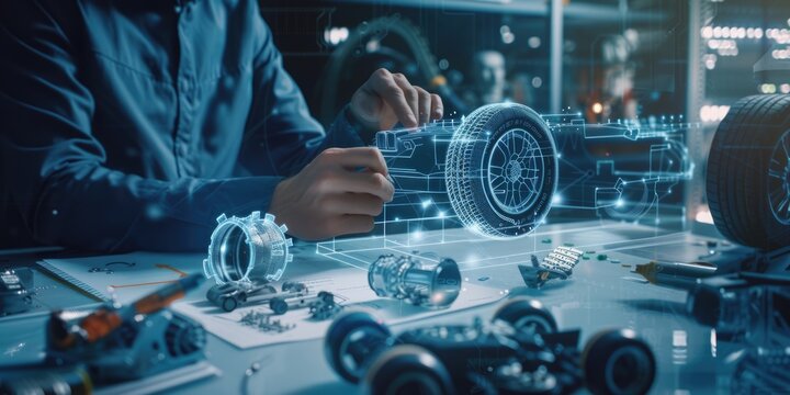 Close up of smart mechanic or technician hands designing and inventing vehicle part by using technology innovation. Skilled mechanical engineer planning and writing blueprint and motor design. AIG42.