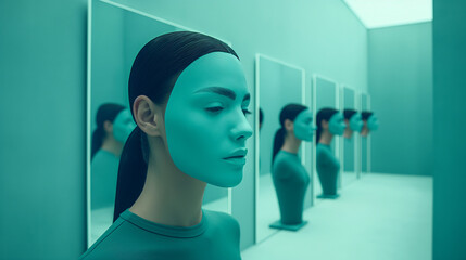 A womans face covered by a surreal looking smooth mask in teal is reflected in a mesmerizing row of mirrors, showcasing multiple angles and expressions