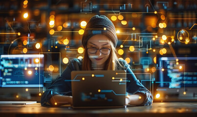 A person focused on a laptop amidst a backdrop of digital graphics symbolizing technological work, possibly coding or data analysis, in a modern setting.