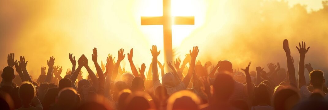 People raising their hands in worship at a Christian concert. AI.