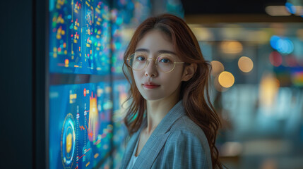 Wall Mural - a woman wearing glasses standing in front of a digital screen displaying colorful analytical data ch