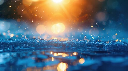 Wall Mural - A water droplet is reflected in the water. The water is blue and the sky is orange